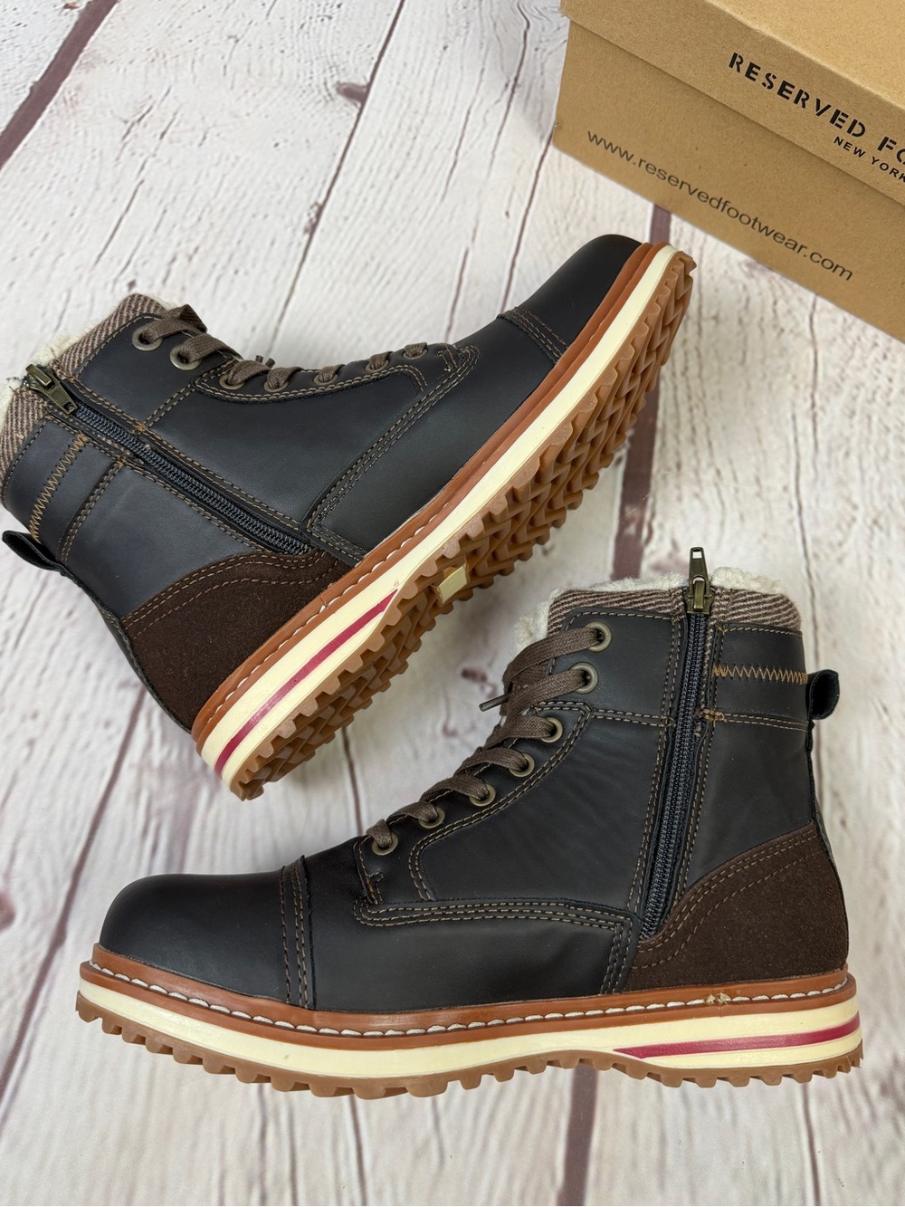 RESERVED FOOTWEAR Gordon men's NEW brown zipper lace warm lined boots, size 7.5 - Picture 13 of 15